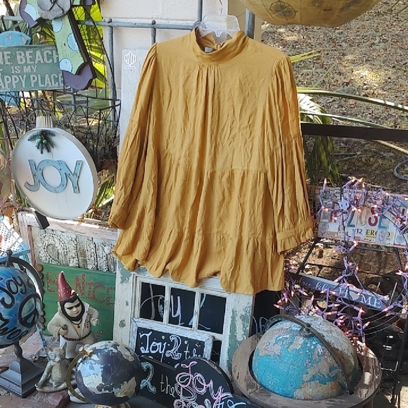 Maeve Tops - Maeve Mustard Yellow Mandarin Collar 3/4 Sleeve Blouse